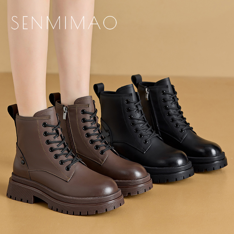 马丁靴女2025秋冬新款英伦风加绒保暖靴子平跟厚底短靴真牛小皮鞋