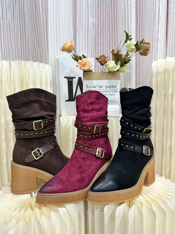 【2024-57新疆】2025年新款百搭冬季女鞋粗跟厚底高跟女士