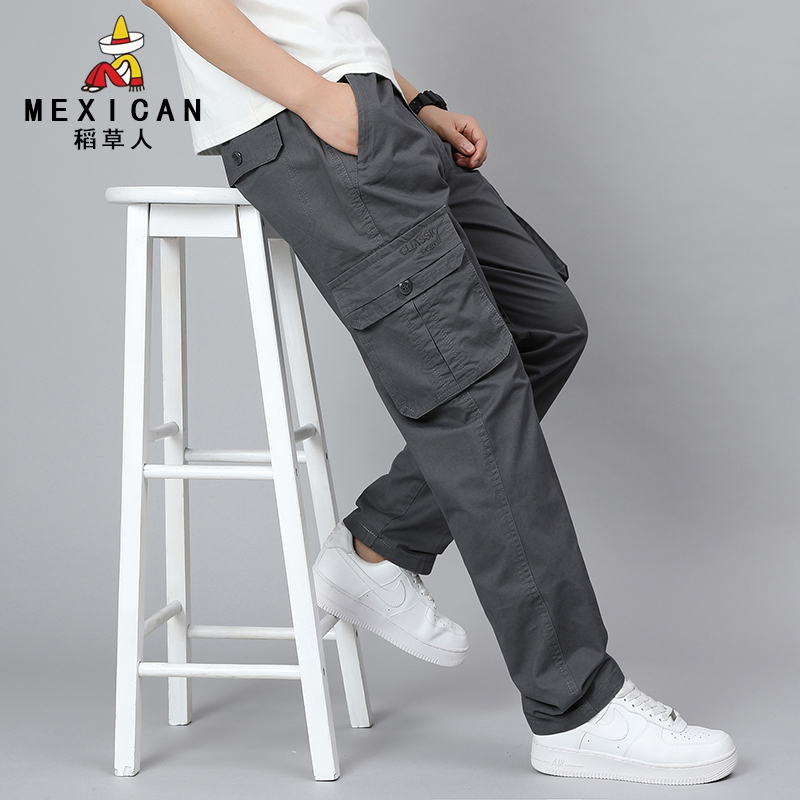 稻草人纯棉长裤男春秋季新款中青年宽松多口袋工装裤子大码休闲裤