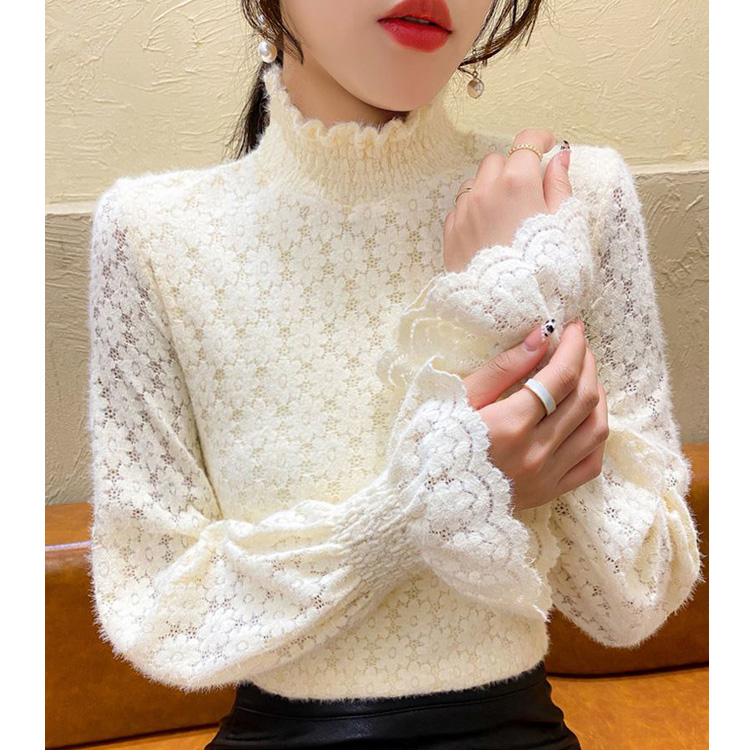 植绒新款半高领蕾丝打底衫秋冬加绒加厚洋气内搭喇叭袖花边上衣女