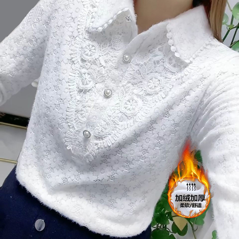 加绒加厚蕾丝白衬衫女2025新款冬季长袖时尚气质百搭洋气打底上衣