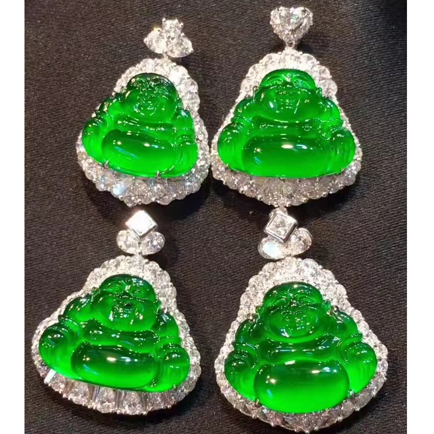 天然缅甸翡翠A货~气质帝王绿冰透镶嵌满绿冰阳绿满色素款