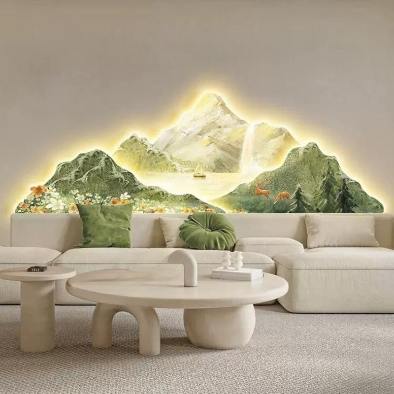 日照金山客厅装饰画奶油风沙发背景墙挂画绿色小清新卧室壁画灯画