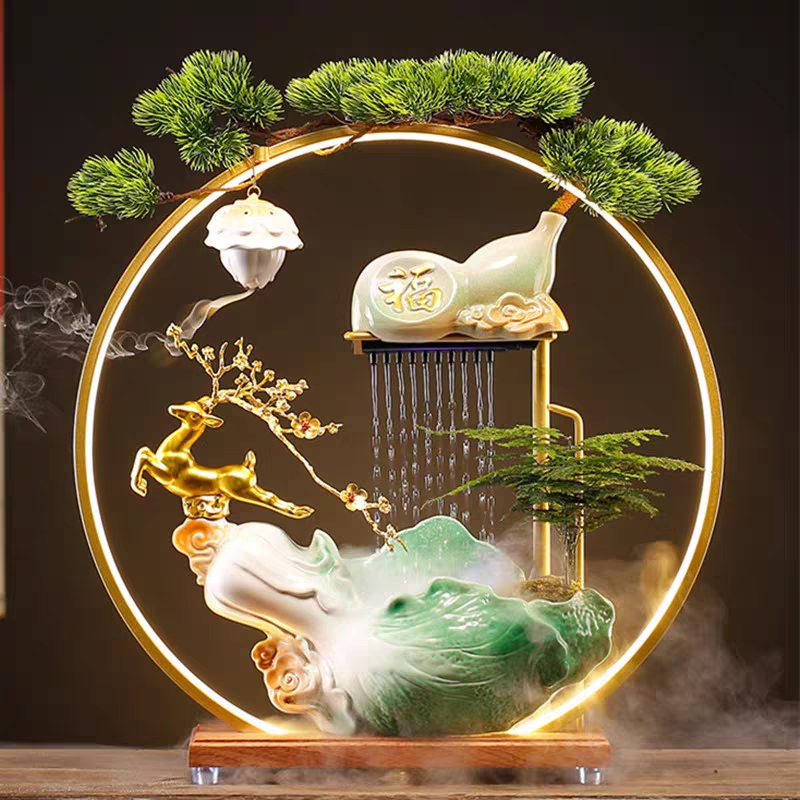 新中式白菜招财流水陶瓷摆件循环水喷泉雾化客厅玄关开业乔迁送礼
