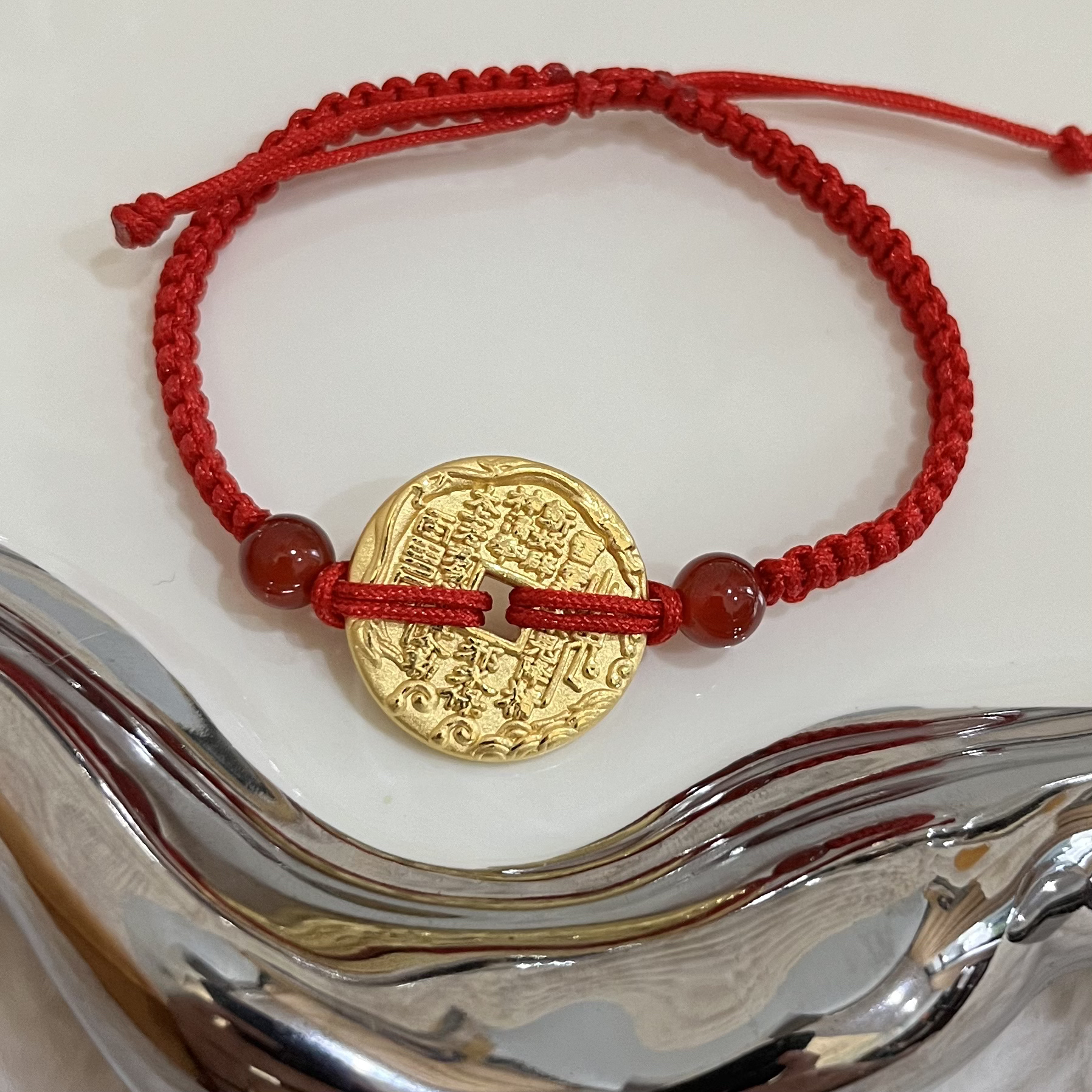 足金山鬼花钱手串红绳手链转运珠男女同款送女友小众满分金镯子