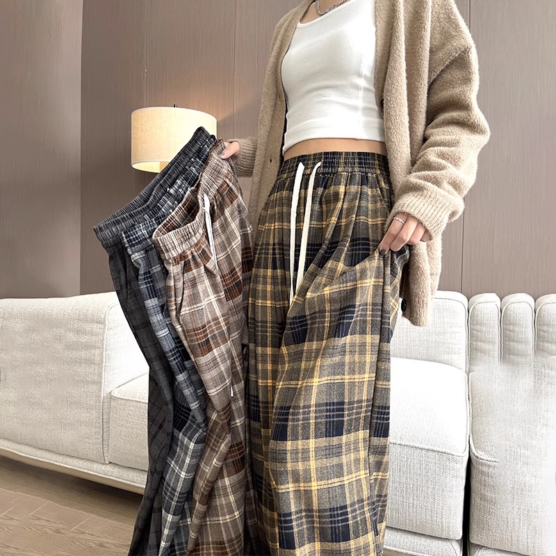 黄色格子裤子女秋冬季2025新款垂感休闲宽松慵懒小个子直筒阔腿裤