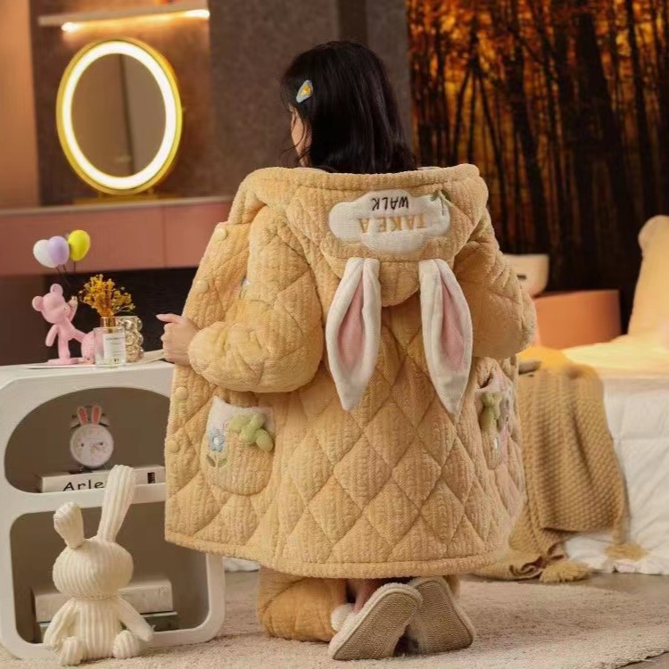 夹棉睡衣冬天长款加绒女冬季三层加厚连帽家居服可爱卡通套装甜美