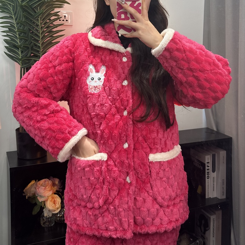 睡衣冬季三层夹棉袄加厚加绒保暖大尺码圆领可外穿金龟绒情侣家居