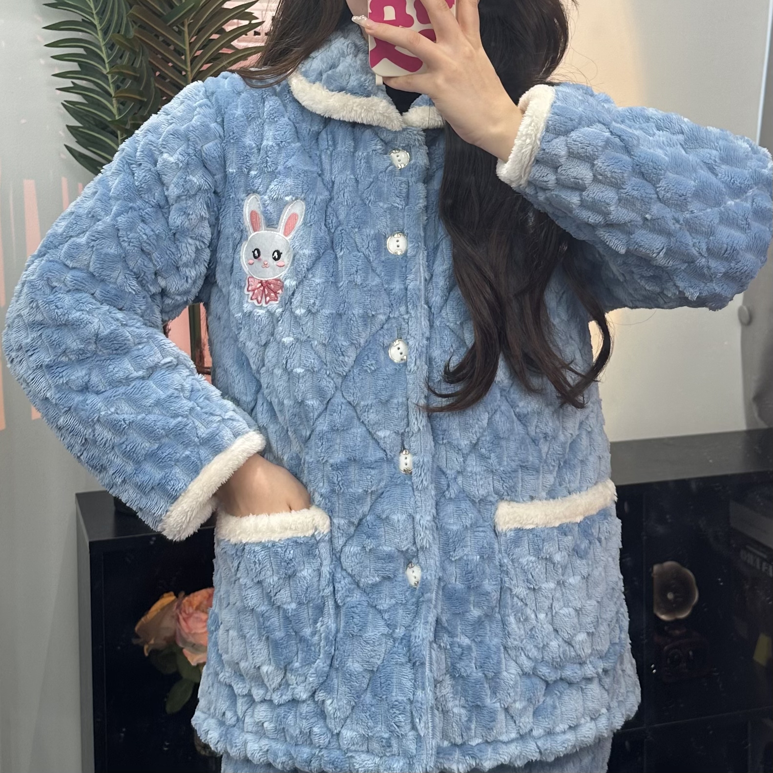 睡衣女冬加厚保暖翻领三层夹棉法兰绒大尺码外穿家居服套装棉袄纯