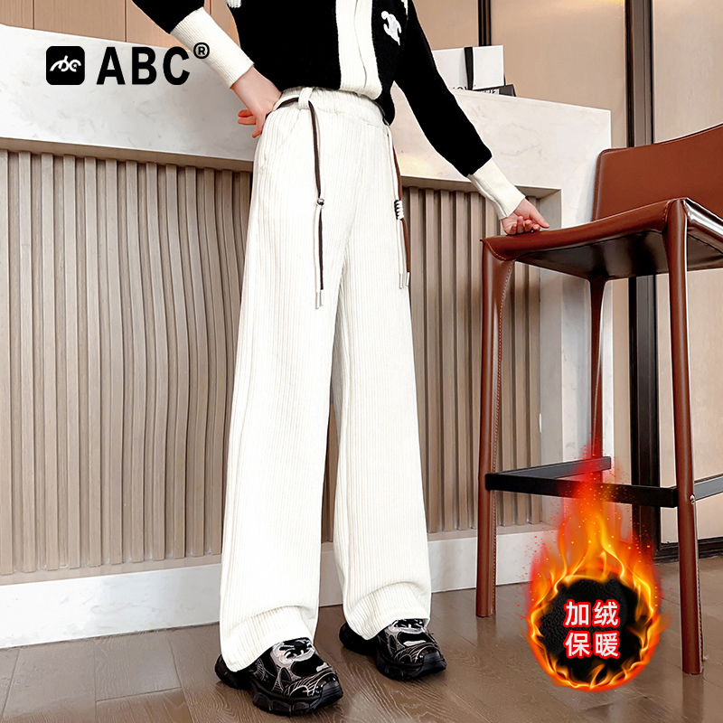 ABC女童冬季加绒休闲裤中大童长裤潮2023新款裤子儿童加厚阔腿裤