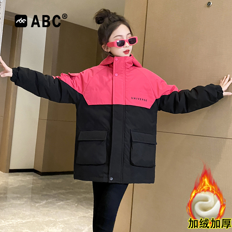 ABC秋冬女童加绒棉衣2023新款加厚儿童冬款棉服女宝冬季保暖外套