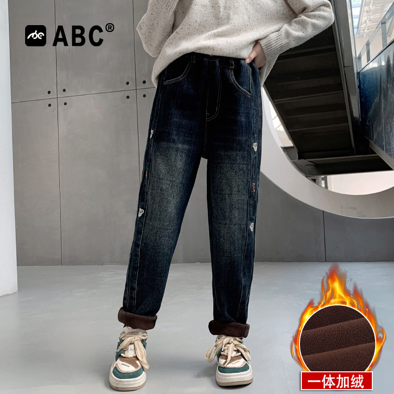 ABC女童新款加绒牛仔裤中大童2023秋冬季加厚长裤女宝一体绒裤子