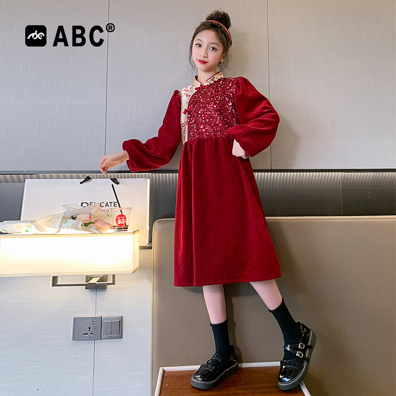 ABC女童秋冬拜年服2023新款中大童年服女孩童装儿童中国风连衣裙