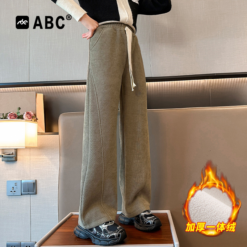 ABC女童加绒裤子女宝加厚棉裤冬季长裤潮中大童阔腿裤儿童休闲裤