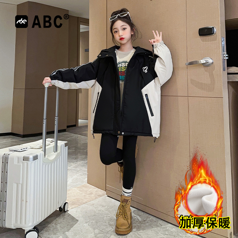 ABC女童加绒冲锋衣2023女宝冬季新款加厚外套中大童冬款保暖棉衣