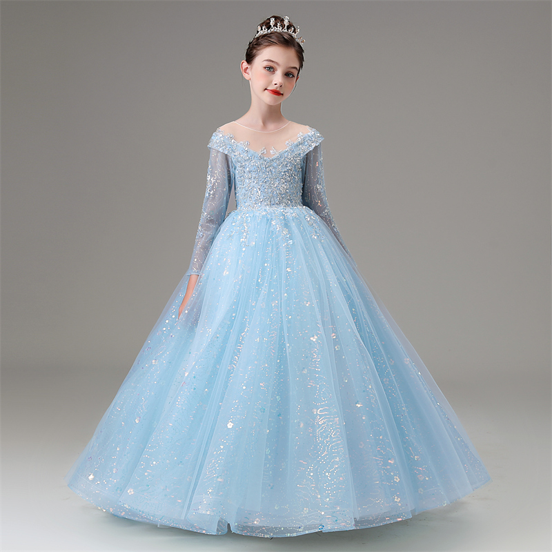 儿童礼服长袖女童周岁生日公主裙闪亮高端小主持人钢琴演出服秋冬