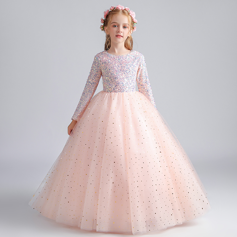 儿童礼服长袖女童生日公主裙亮片模特走秀钢琴演出服主持服装秋冬