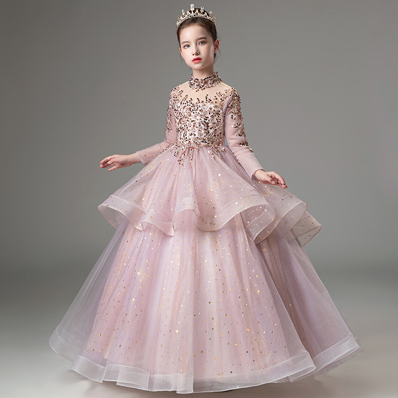 儿童礼服秋冬长袖女童花童公主裙生日高端小主持人钢琴演出服走秀