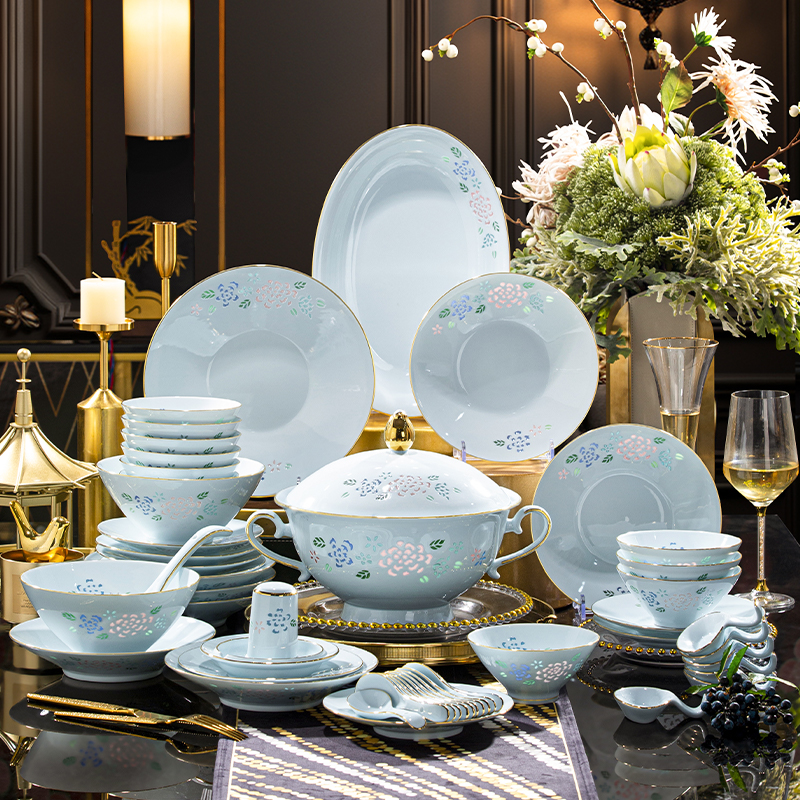 青瓷彩绘玲珑景德镇青瓷玲珑餐具套装2024新款中式高档奢华碗盘碟