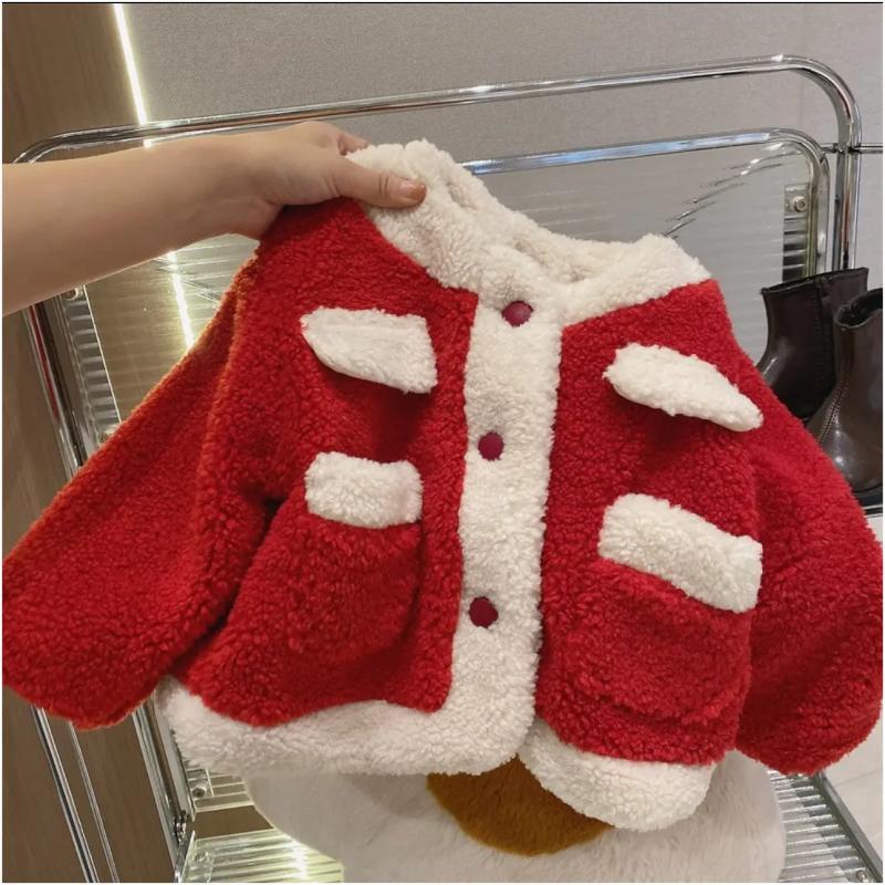 优选女童毛绒棉衣2023年秋冬新款小童加绒加厚毛毛上衣圣诞红色外