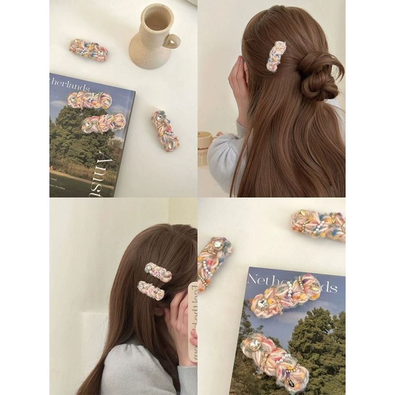 韩版气质彩色毛线发夹女侧边刘海碎发前额刘海侧边夹秋冬新款头饰