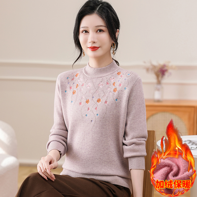 洋气妈妈装秋冬新款半高领保暖加厚毛衣中年女装冬季针织加绒上衣