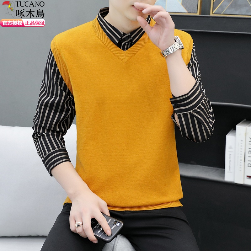 啄木鸟秋冬假两件男士长袖T恤V领上衣衬衫领潮流男装加绒加厚毛衣