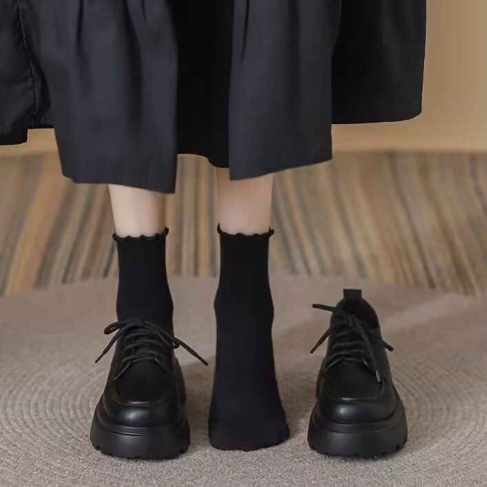 新款厚底小皮鞋女2023年春秋新款单鞋百搭英伦风小个子增高黑色乐