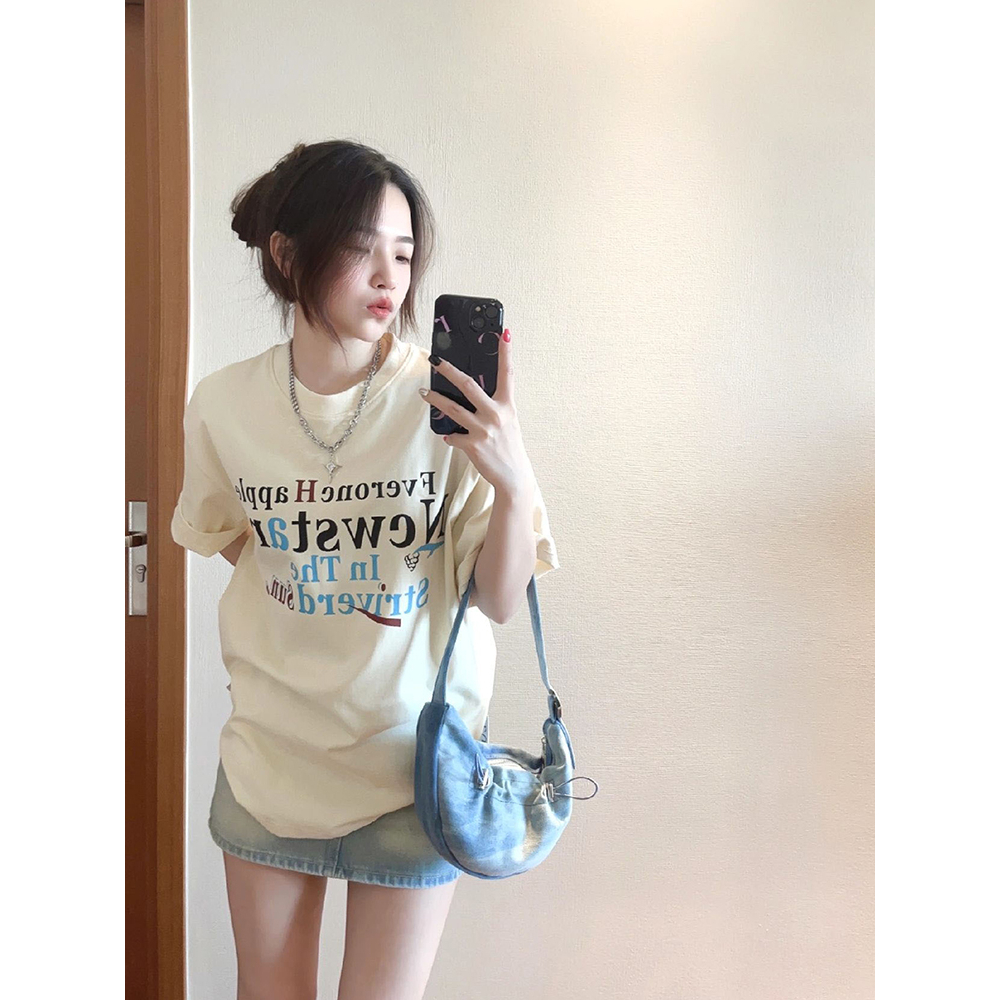 港味复古拼色T恤女夏季2024新款时髦宽松显瘦百搭潮牌ins短袖上衣