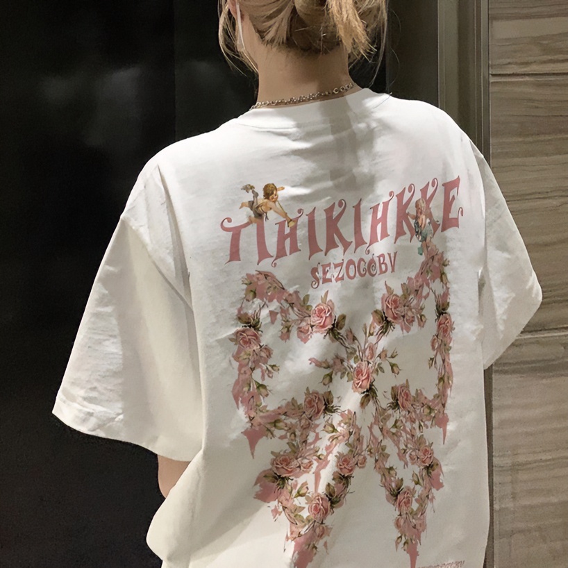 短袖ins蝴蝶结夏季潮牌美式蝴蝶花卉短袖T恤男女复古情侣宽松半袖