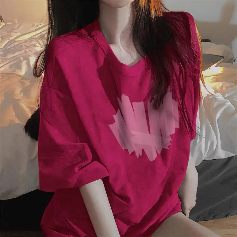 短袖美式复古港风chic玫红T恤女夏季宽松潮ins小众设计感纯棉上衣