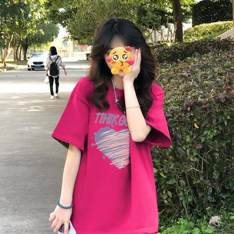 火龙果短袖T恤衫女2023年春夏新款中长款宽松纯棉重磅休闲上衣t恤