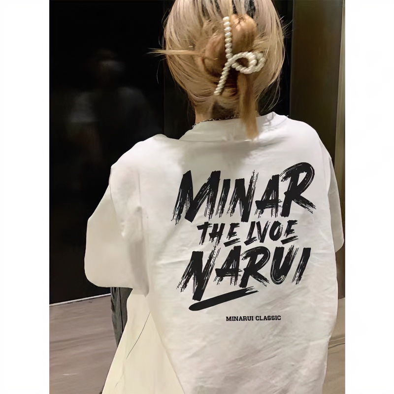 2024欧货美式复古白色t恤女短袖夏纯棉宽松大版高街休闲印花洋气