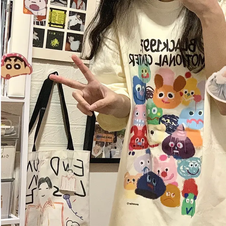 新款涂鸦怪兽奶杏色纯棉短袖T恤女夏宽松甜酷艺术上衣设计感小众