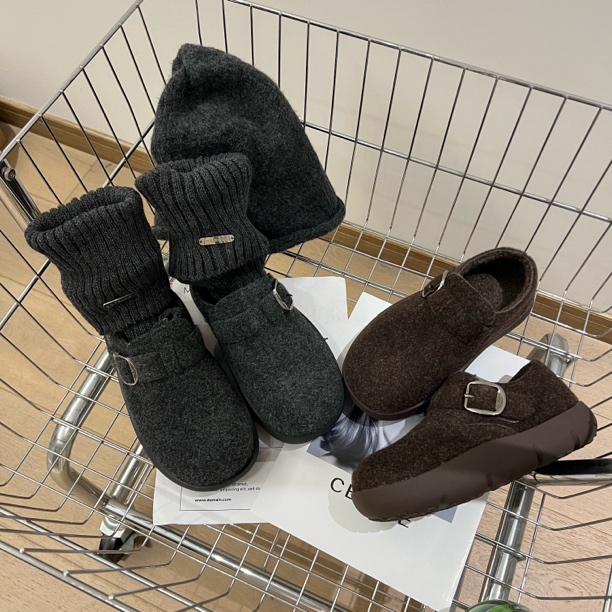 “毛呢勃肯”复古加绒勃肯鞋女冬季厚底保暖时尚百搭两穿懒人鞋