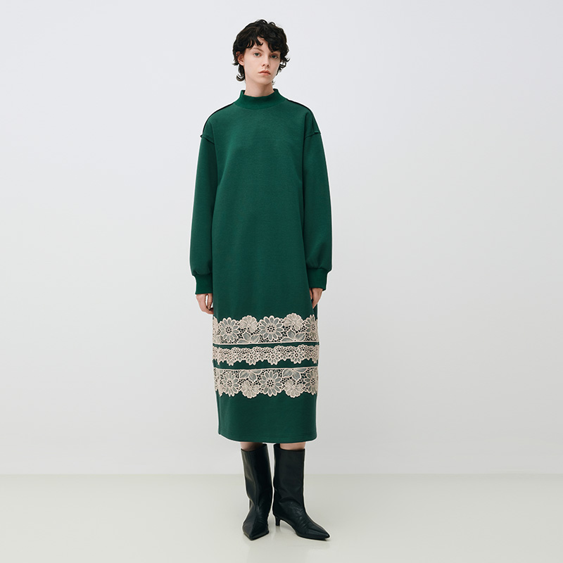 刘刘墨原创设计复古绿色拼接蕾丝长袖秋冬休闲连衣裙宽松长裙