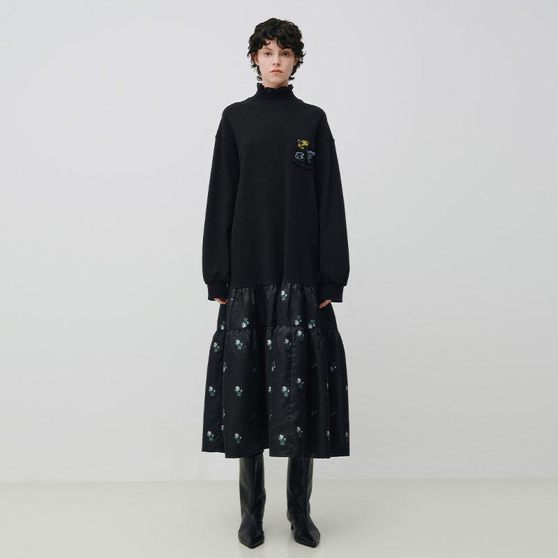 刘刘墨长袖时尚休闲宽松印花秋冬碎花设计小众黑色拼接花料连衣裙