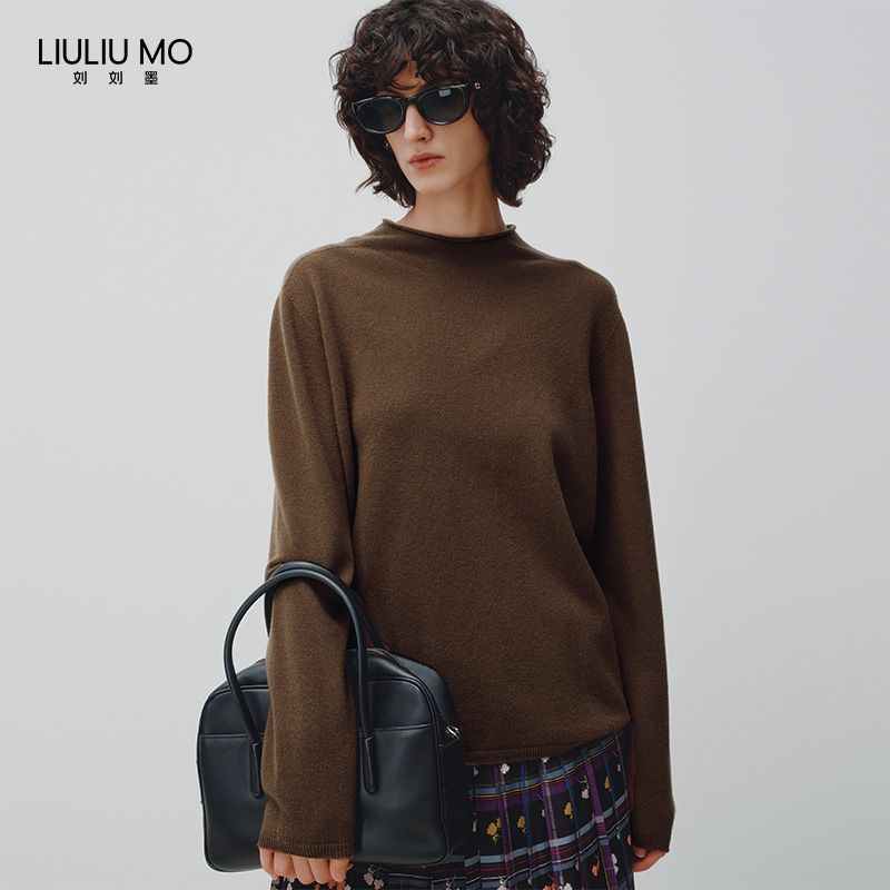 刘刘墨百搭女士秋冬套头针织时尚复古简约咖色半高领打底长袖毛衣