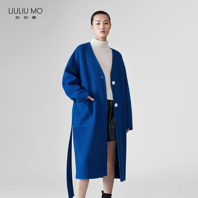 刘刘墨都市h型双面羊毛呢大衣中长款气质蓝色秋冬外套2210300410