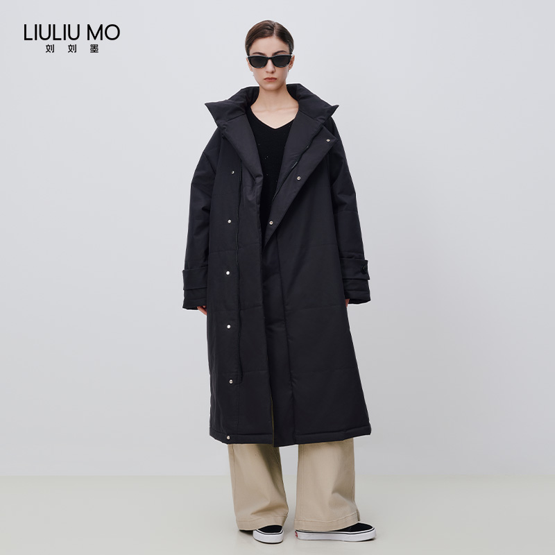 刘刘墨冬季黑色显瘦保暖中长款设计感加厚过膝立领国风新中式棉服