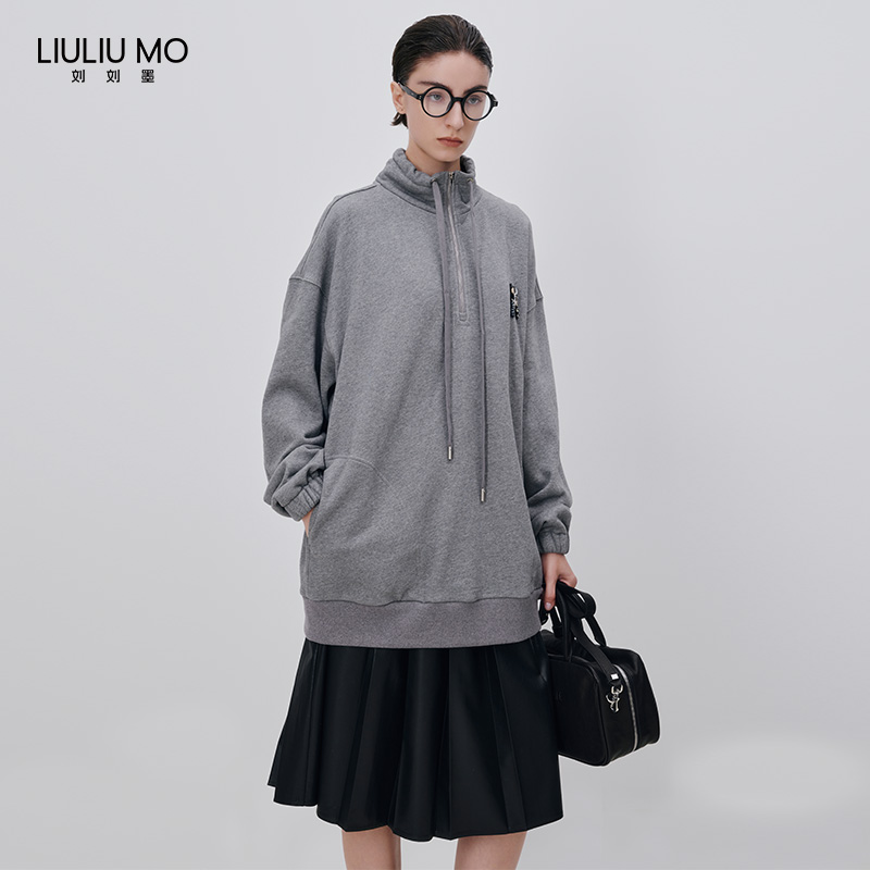 刘刘墨秋冬设计感小众慵懒灰色运动休闲宽松立领抽绳百搭长袖卫衣