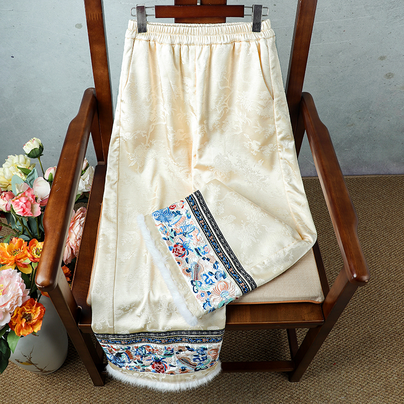 水貂毛边绣花直筒阔腿棉裤