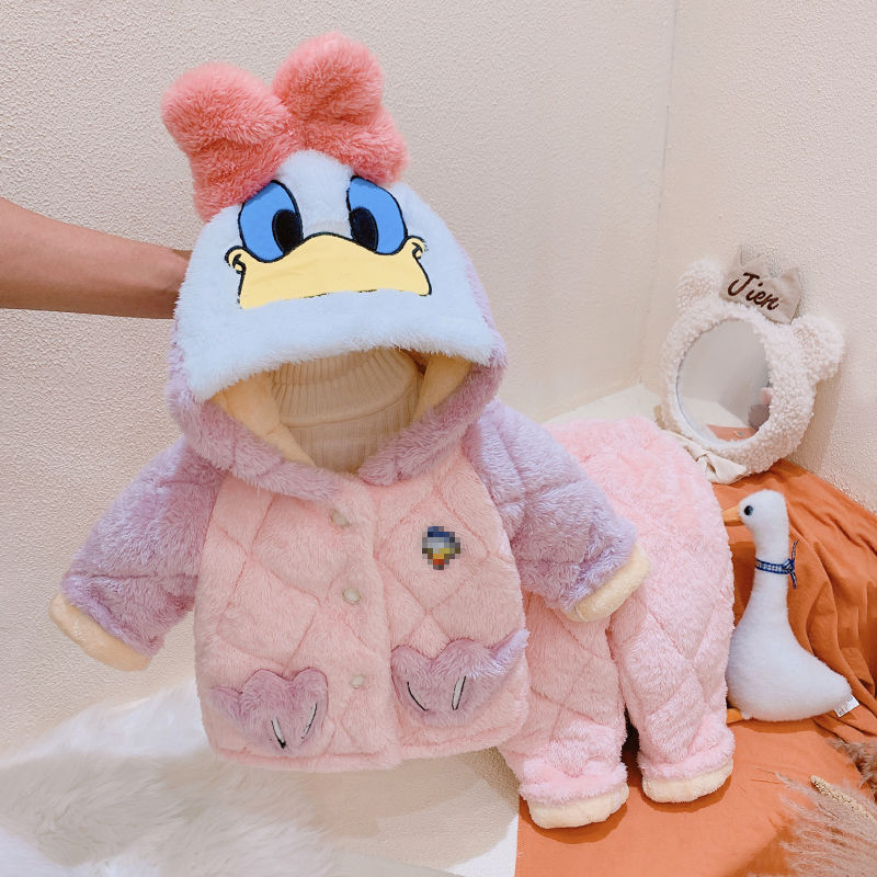 冬季上新男女童2023冬季卡通法兰绒加厚家居套装中小童夹棉加绒睡