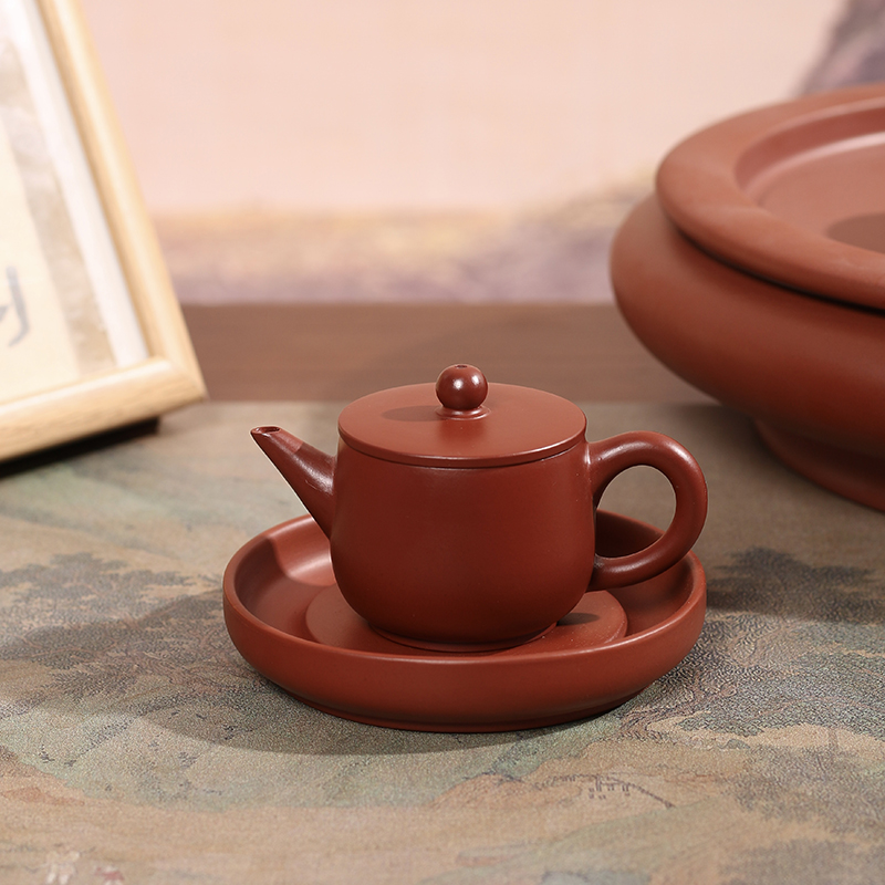 小容量汉瓦朱泥大红袍手拉手把壶纯手工小品功夫茶手制梨型壶家用