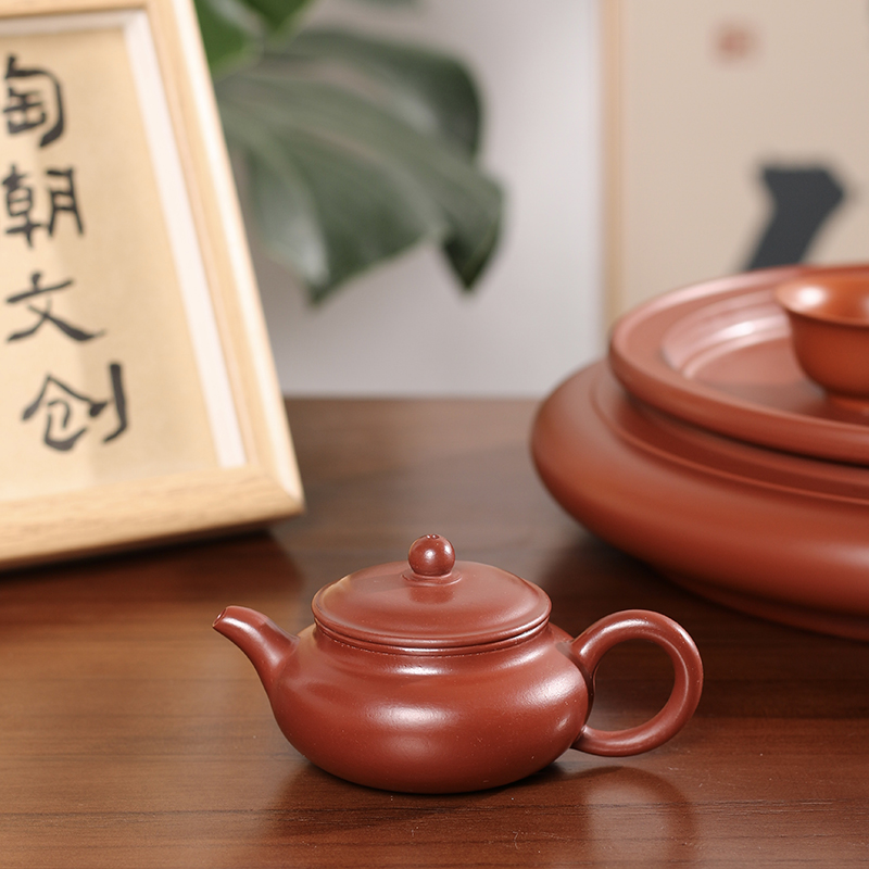 纯手工大红袍大口扁腹壶手拉壶三杯冲茶罐大口工夫家用潮州朱泥