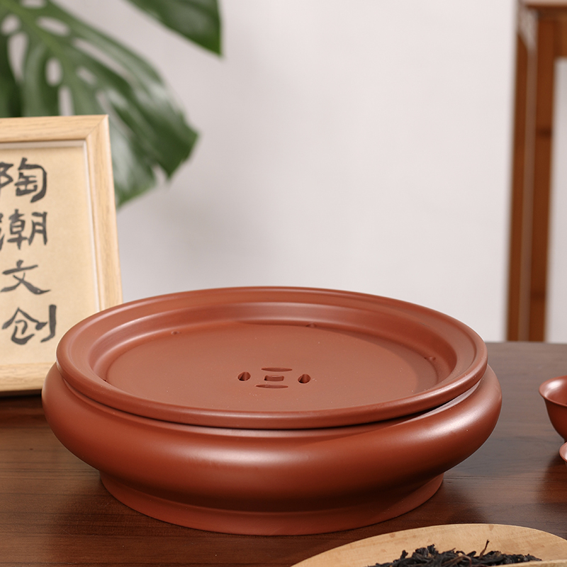 陶潮潮州工夫茶盘储水式红泥纯手工手拉茶盘圆形家用茶具双层茶台