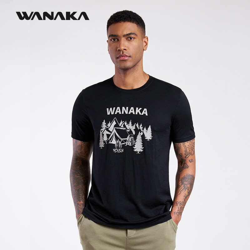WANAKA 美丽诺 男士野营印花短袖T恤 透气速干防晒户外徒步