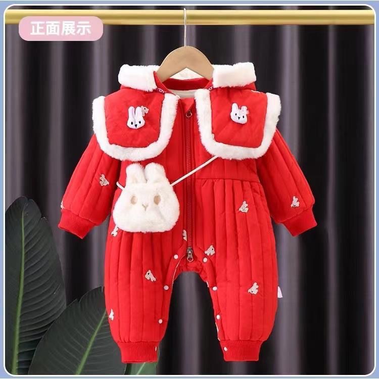婴儿连体衣服冬季新款中国风宝宝加厚保暖红色喜庆外出拜年服哈衣