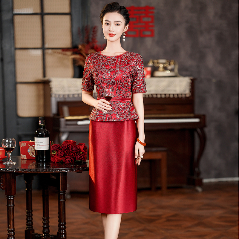 喜婆婆婚宴装新款婚礼礼服假两件喜服高贵高贵奢华年轻小个子妈妈