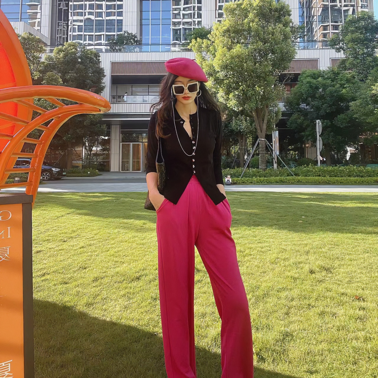 清库糖果色抽绳散边休闲裤